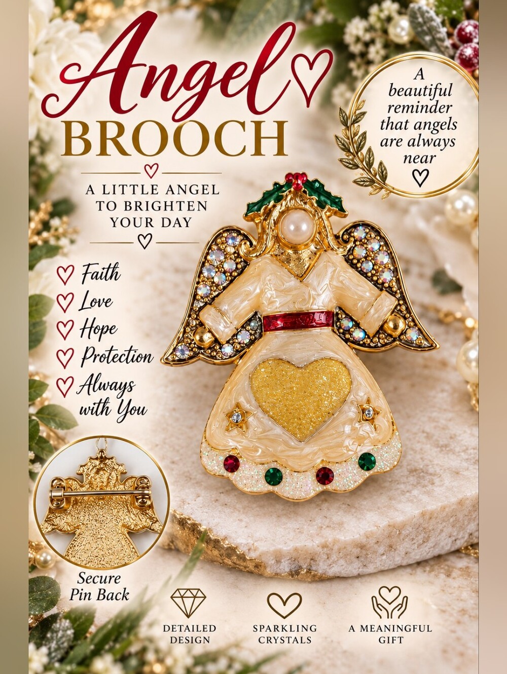 601 Festive Angel Brooch Pin - Gold with Red and Green Accents